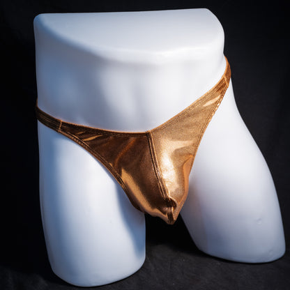 Men's metallic copper thong underwear, classic cut, front view.