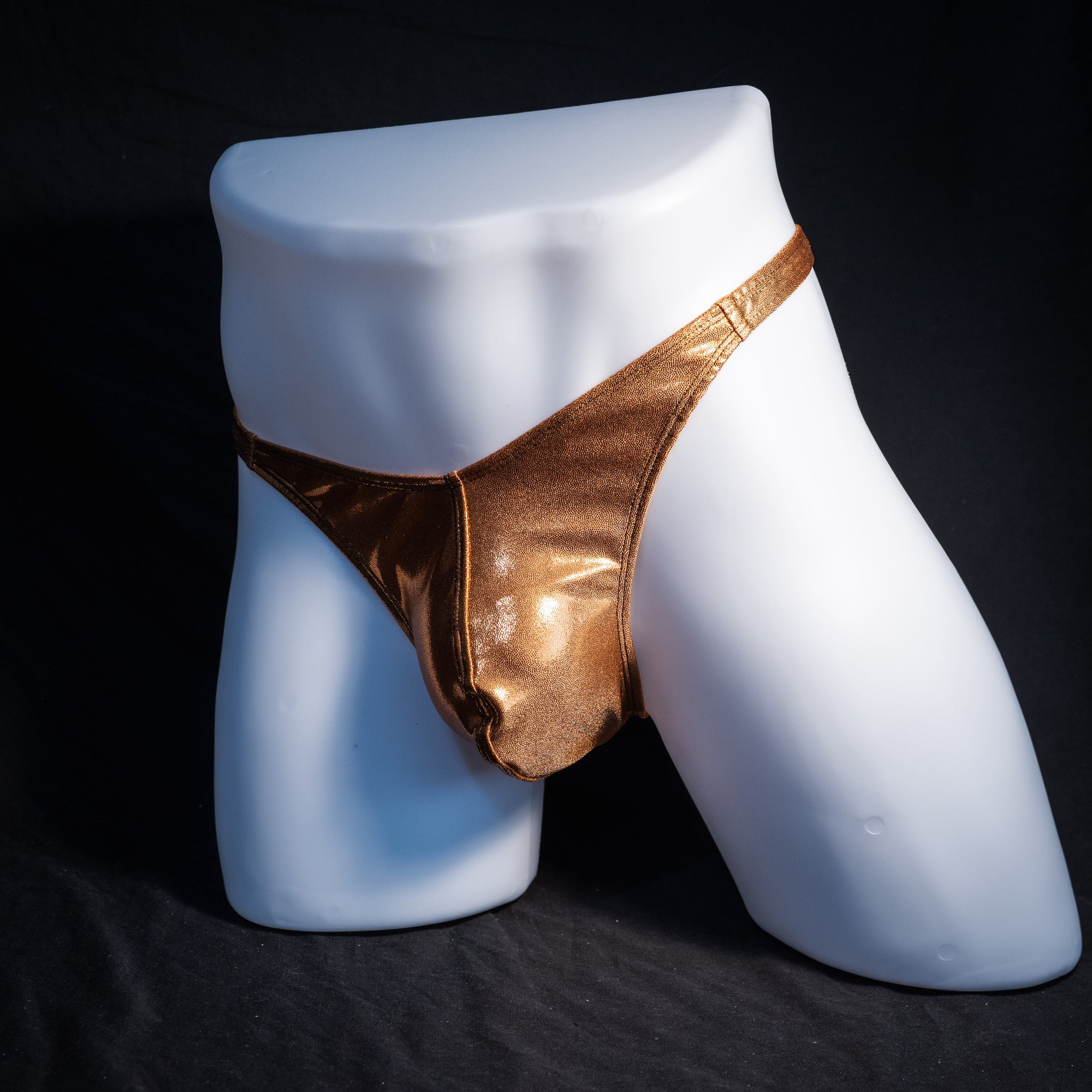 Men's metallic copper thong underwear, classic cut, front view.