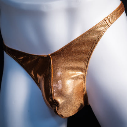 Men's metallic copper thong underwear, classic cut, front view.