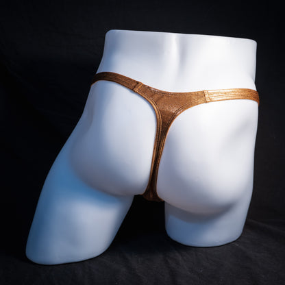 Men's metallic copper thong underwear, classic cut, rear view.