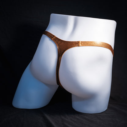 Men's metallic copper thong underwear, classic cut, rear view.