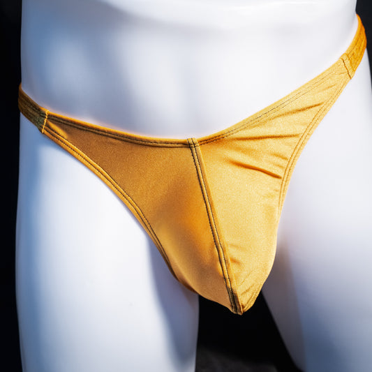 Men's copper spandex thong underwear, classic cut, front view.