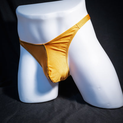 Men's copper spandex thong underwear, classic cut, front view.