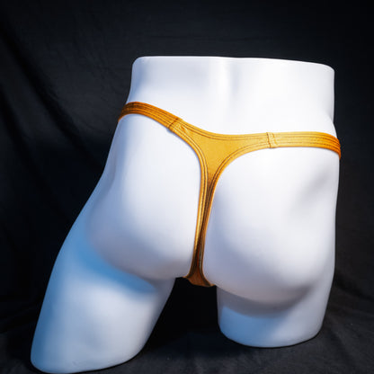 Men's copper spandex thong underwear, classic cut, rear view.