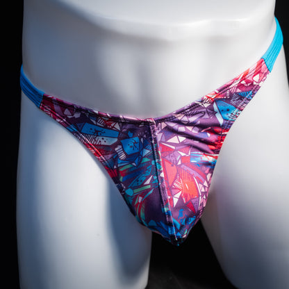 Men's bright crystal thong underwear, classic cut, front view.