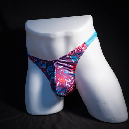 Men's bright crystal thong underwear, classic cut, front view.