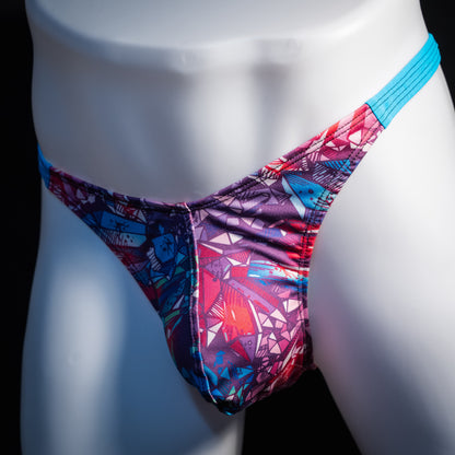 Men's bright crystal thong underwear, classic cut, front view.