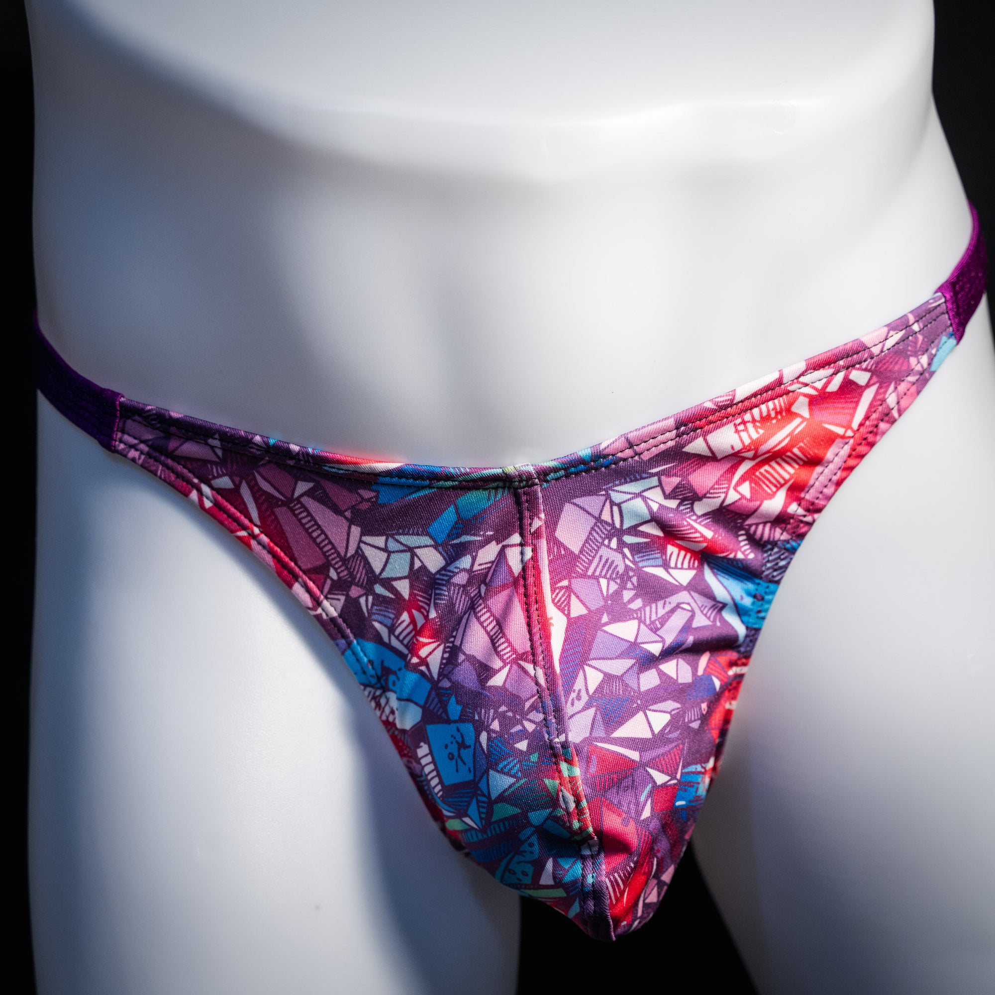Men's crystal shard thong underwear, classic cut, front view.