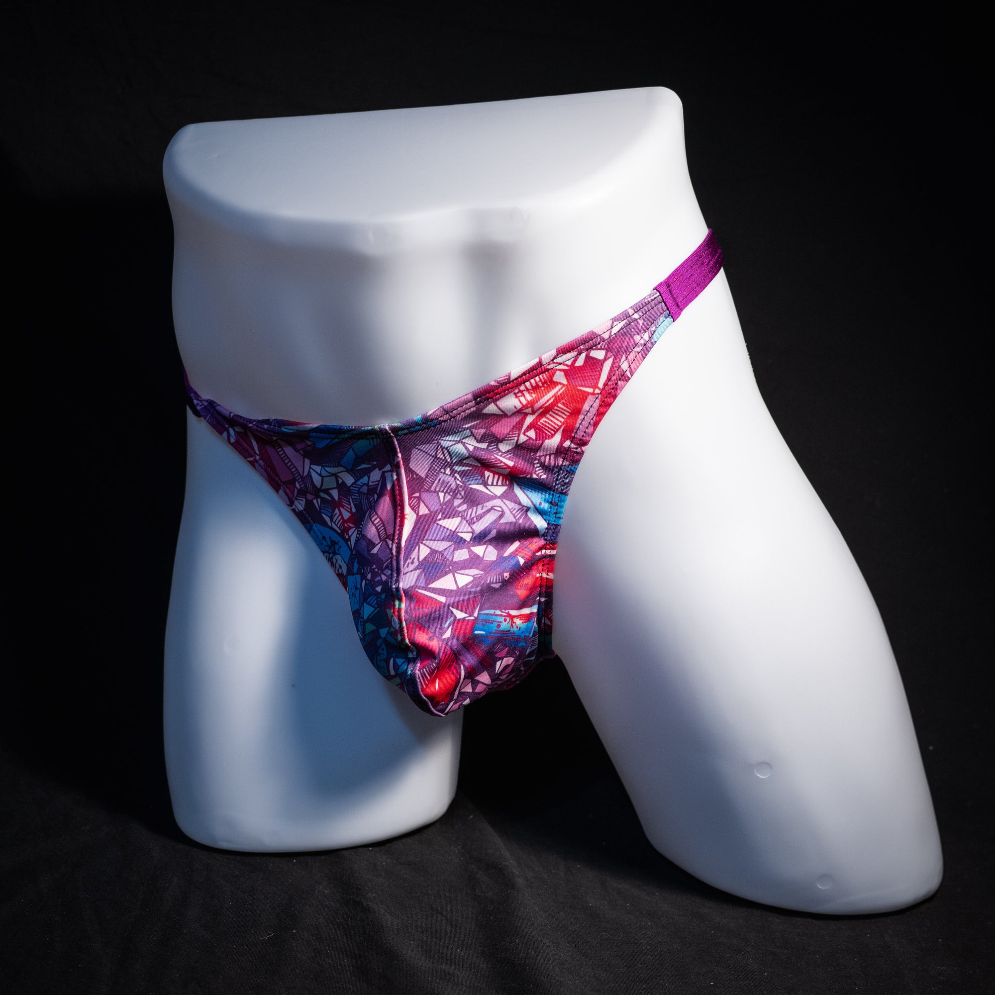 Men's crystal shard thong underwear, classic cut, front view.