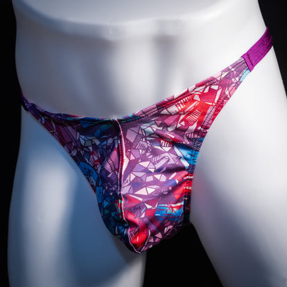 Men's crystal shard thong underwear, classic cut, front view.