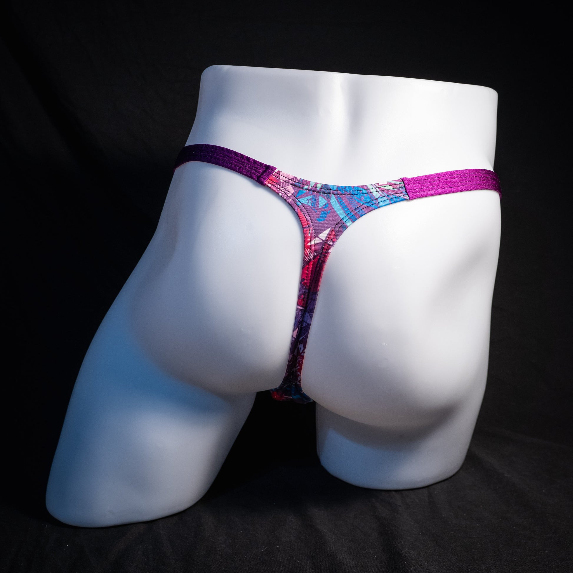 Men's crystal shard thong underwear, classic cut, rear view.