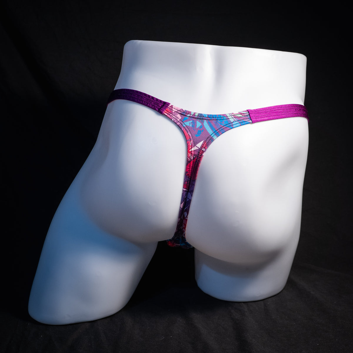 Men's crystal shard thong underwear, classic cut, rear view.