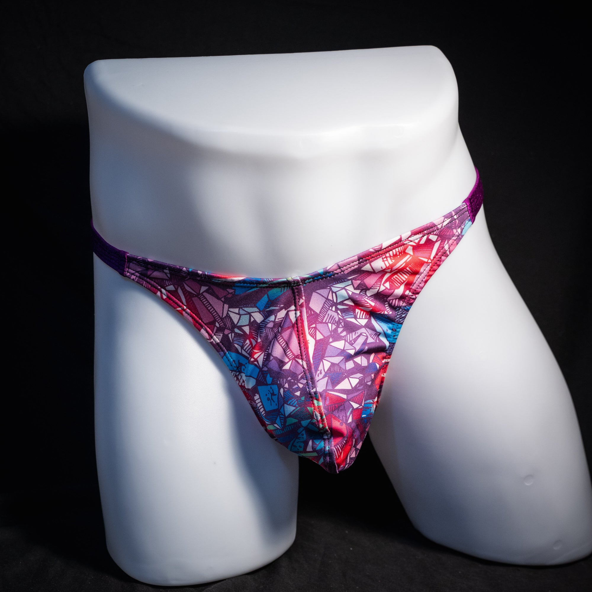 Men's crystal shard thong underwear, classic cut, front view.