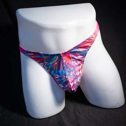 Men's crystal shard thong underwear with pink straps, classic cut, front view.