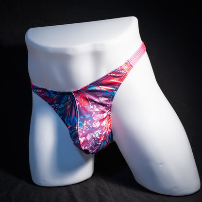 Men's crystal shard thong underwear with pink straps, classic cut, front view.
