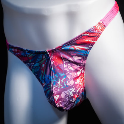 Men's crystal shard thong underwear with pink straps, classic cut, front view.