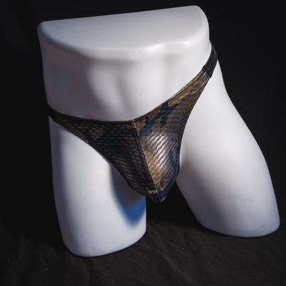 Men's dark camo athletic mesh thong underwear, classic cut, full front view.