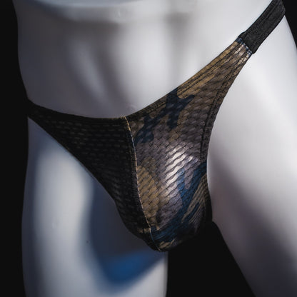 Men's dark camo athletic mesh thong underwear, classic cut, angled front view.