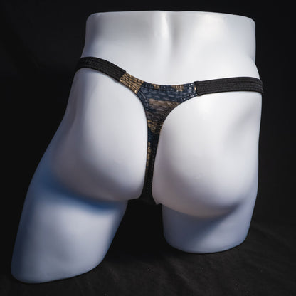 Men's dark camo athletic mesh thong underwear, classic cut, full rear view.