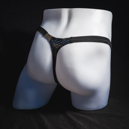Men's dark camo athletic mesh thong underwear, classic cut, angled full rear view.
