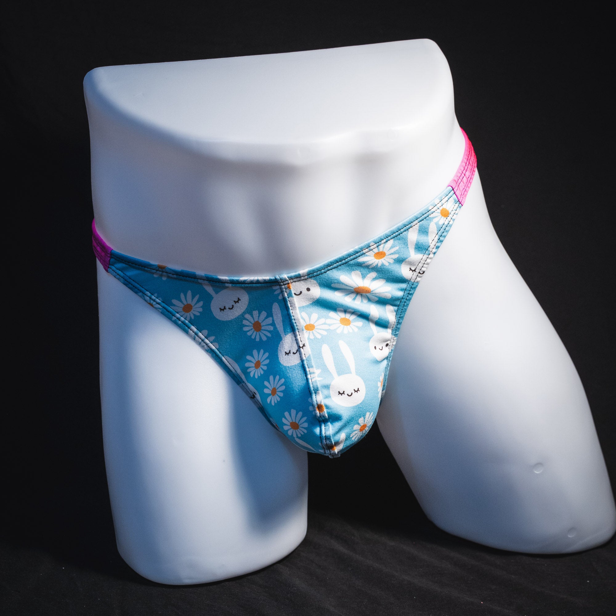 Men's easter bunnies thong underwear, classic cut, full front view.