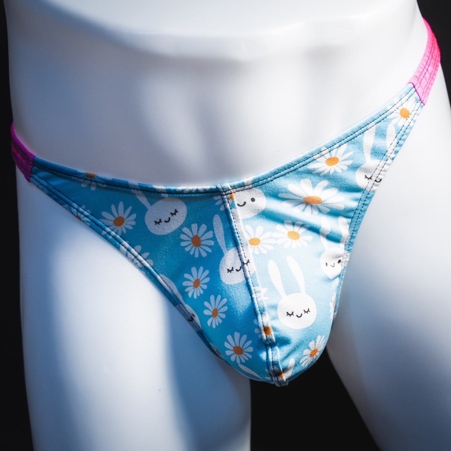Men's easter bunnies thong underwear, classic cut, front view.