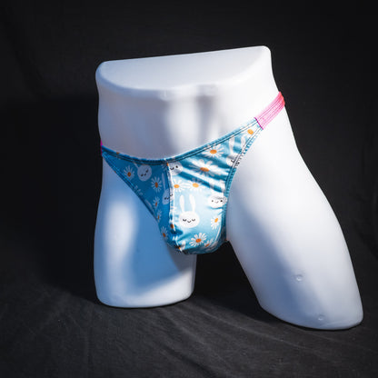 Men's easter bunnies thong underwear, classic cut, full front angled view.