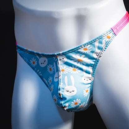 Men's easter bunnies thong underwear, classic cut, front angled view.