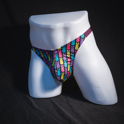 Men's colorful bunnies thong underwear, classic cut, full front angled view.