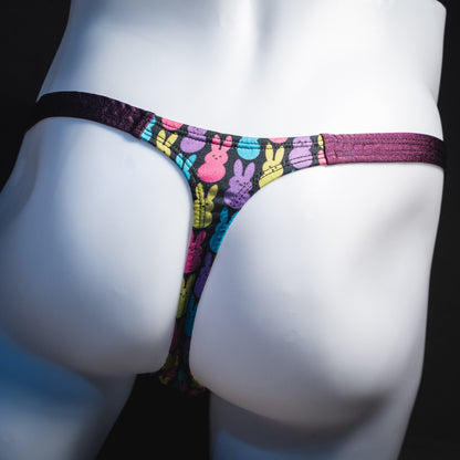 Men's colorful bunnies thong underwear, classic cut, rear view.