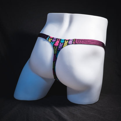Men's colorful bunnies thong underwear, classic cut, full rear angled view.