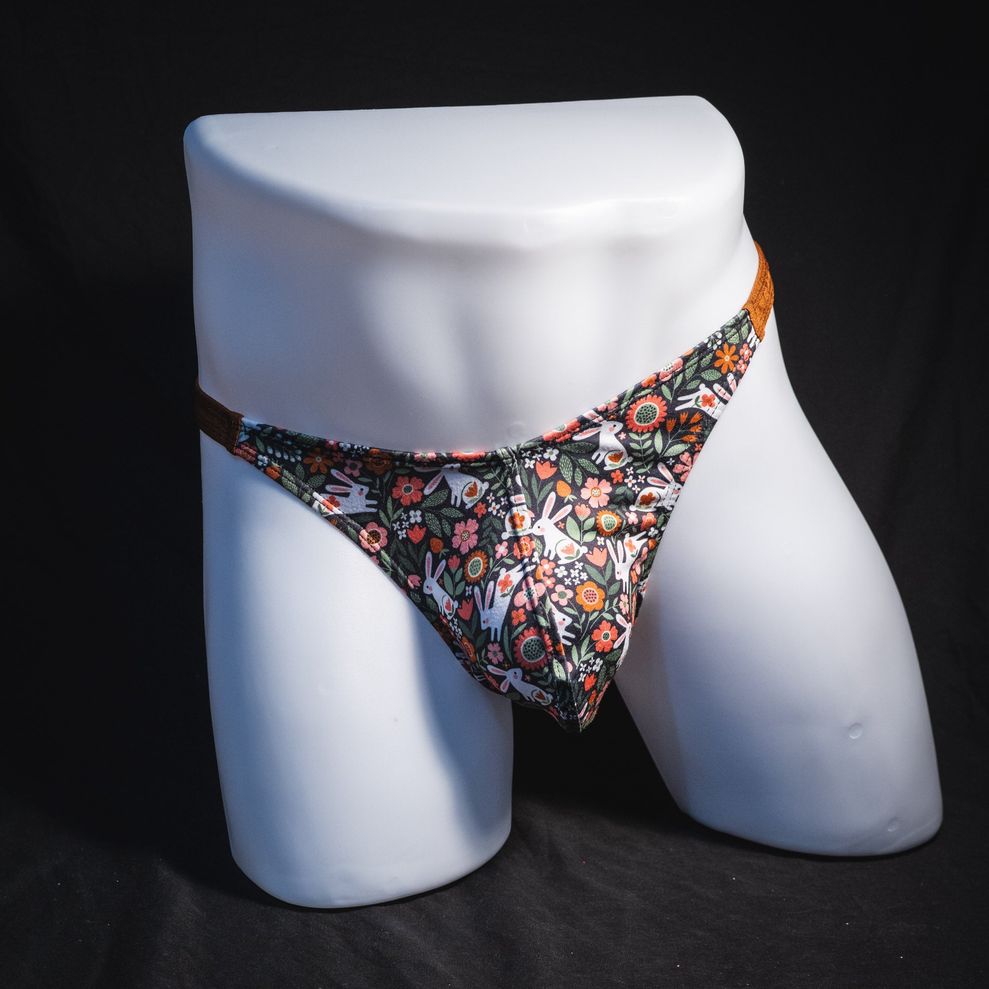 Men's easter themed thong underwear, classic cut, full front view.