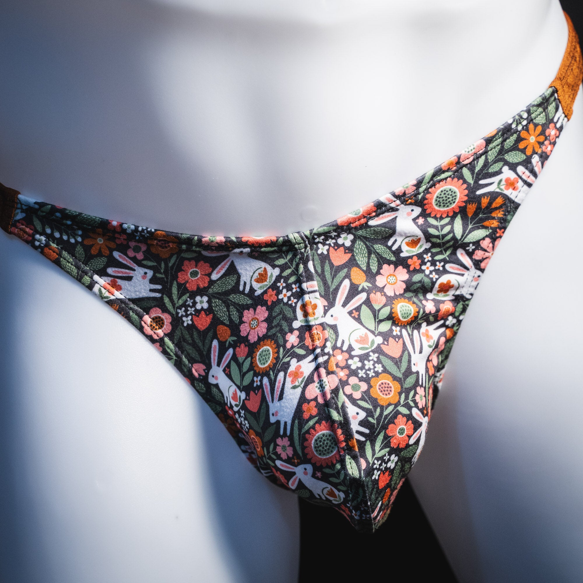 Men's easter themed thong underwear, classic cut, front view.