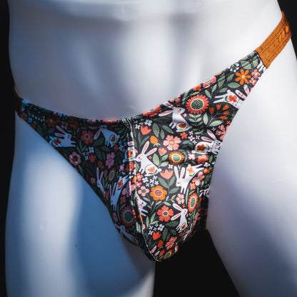 Men's easter themed thong underwear, classic cut, front angled view.