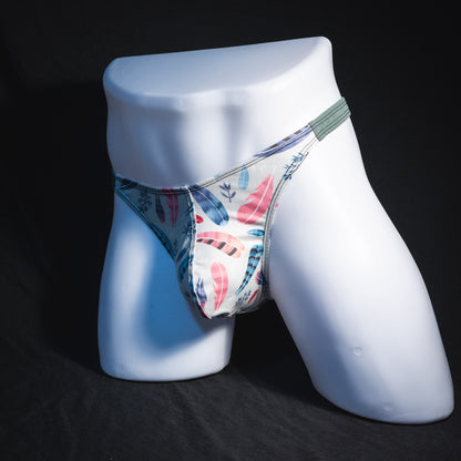 Men's feather patterned thong underwear, classic cut, Full angled front view