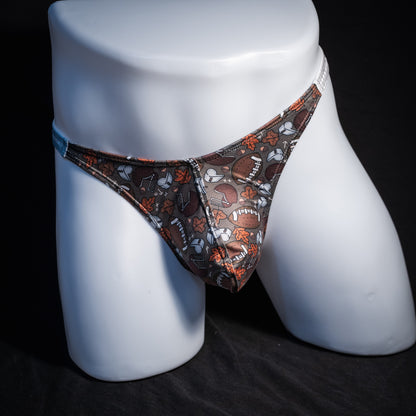 Men's football themed thong underwear, classic cut, front view.