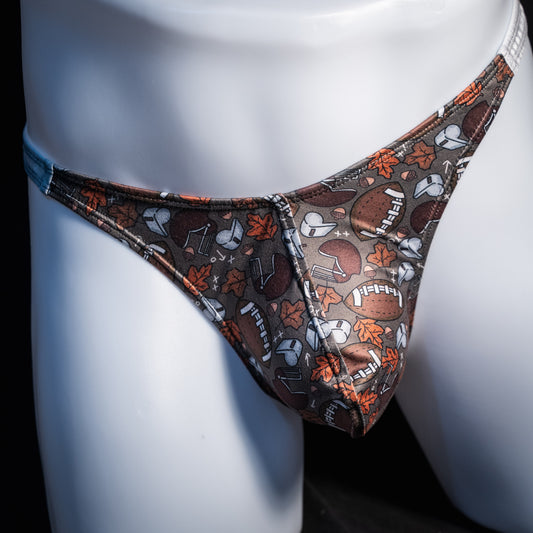 Men's football themed thong underwear, classic cut, front view.