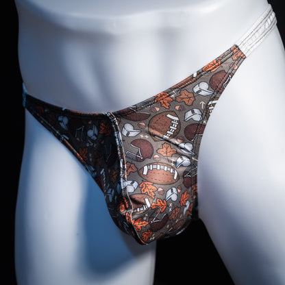 Men's football themed thong underwear, classic cut, front view.