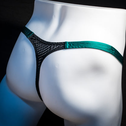 Men's mesh and forest green thong underwear, classic cut, Rear angled view