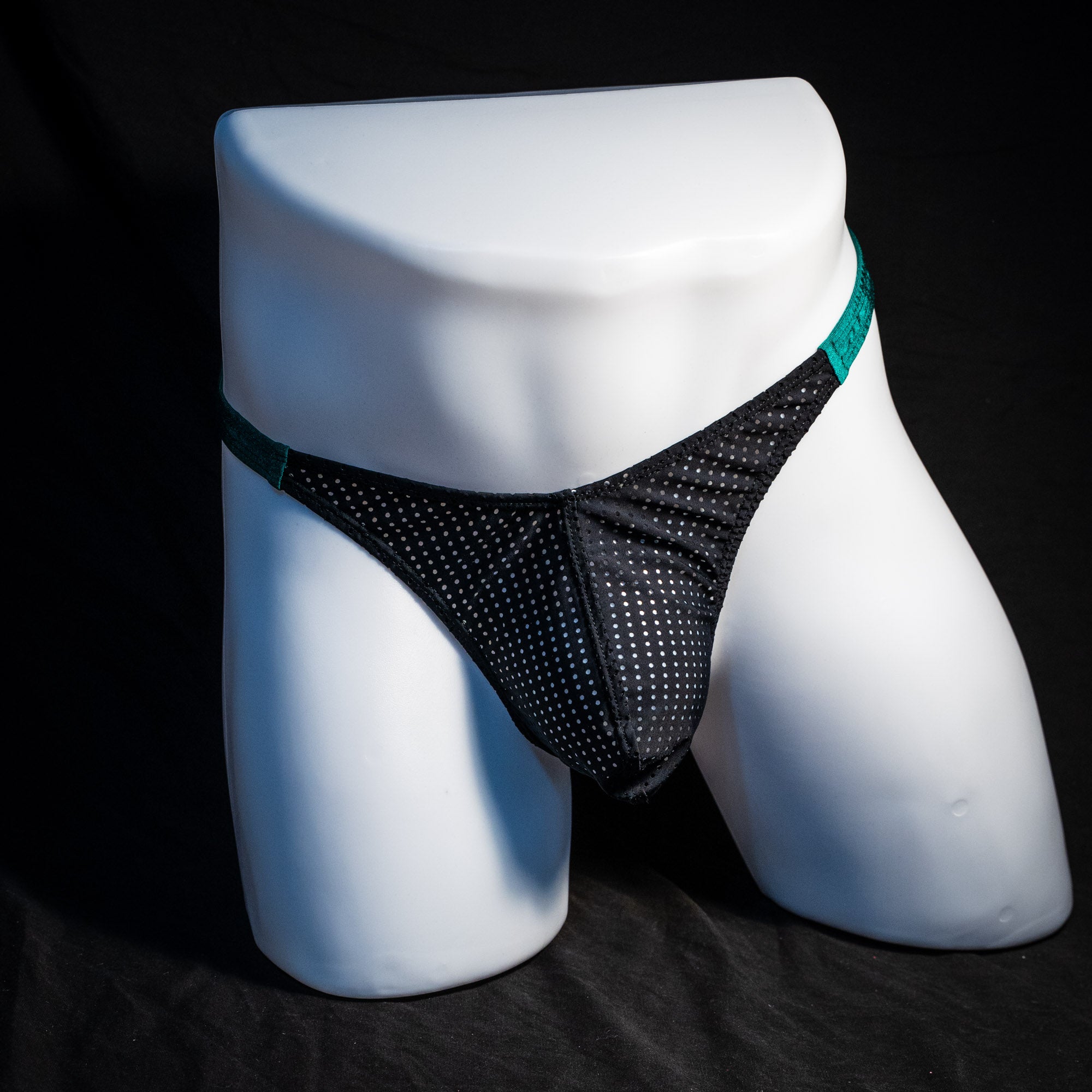 Men's mesh and forest green thong underwear, classic cut, Full front view