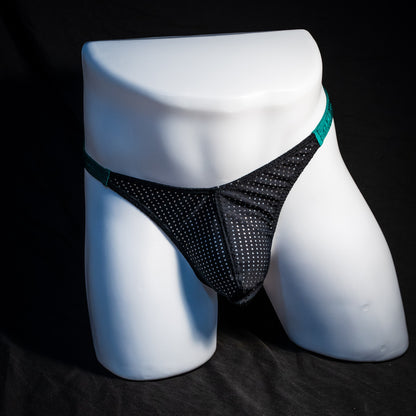 Men's mesh and forest green thong underwear, classic cut, Full front view