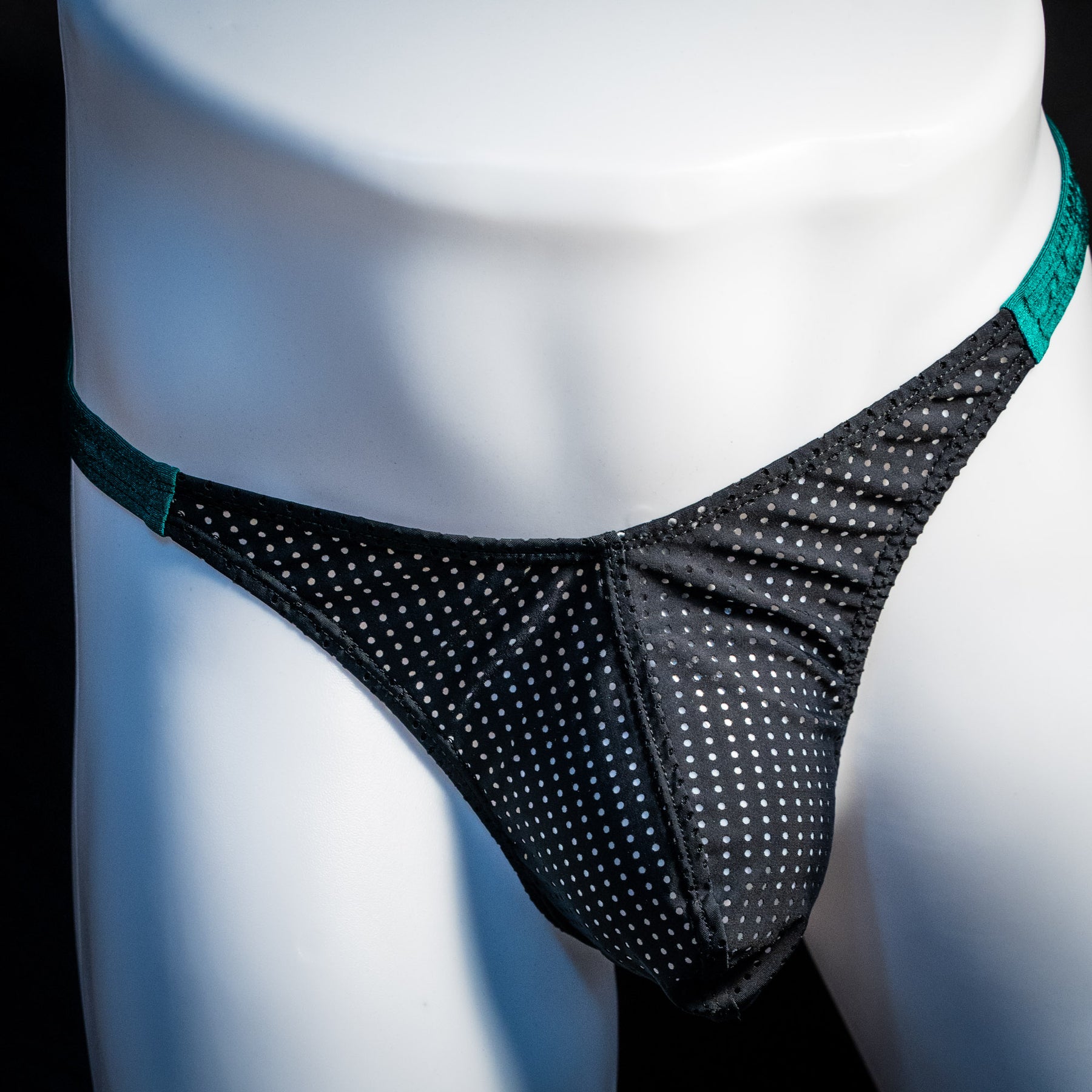 Men's mesh and forest green thong underwear, classic cut, Front view
