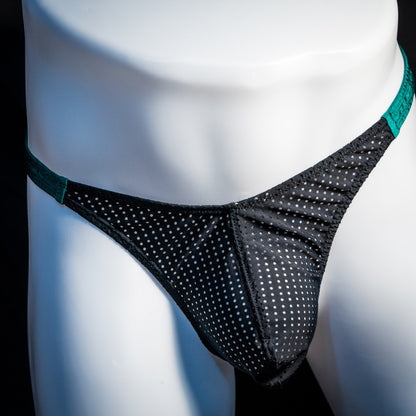 Men's mesh and forest green thong underwear, classic cut, Front view