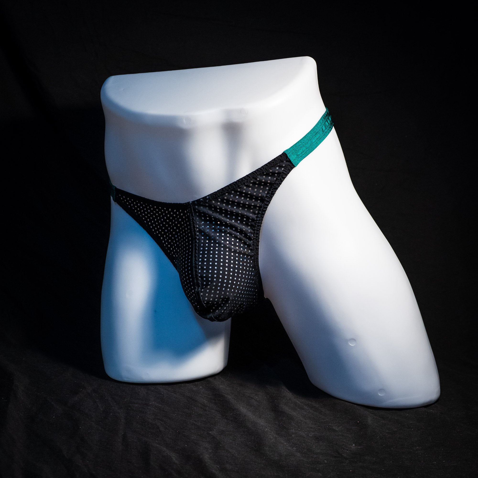 Men's mesh and forest green thong underwear, classic cut, Full front angled view