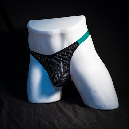 Men's mesh and forest green thong underwear, classic cut, Full front angled view