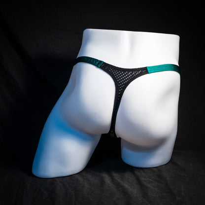 Men's mesh and forest green thong underwear, classic cut, Full rear view