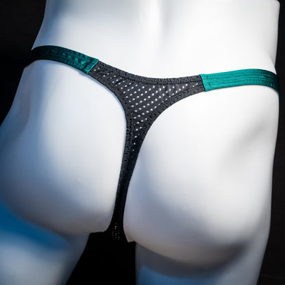 Men's mesh and forest green thong underwear, classic cut, Rear view