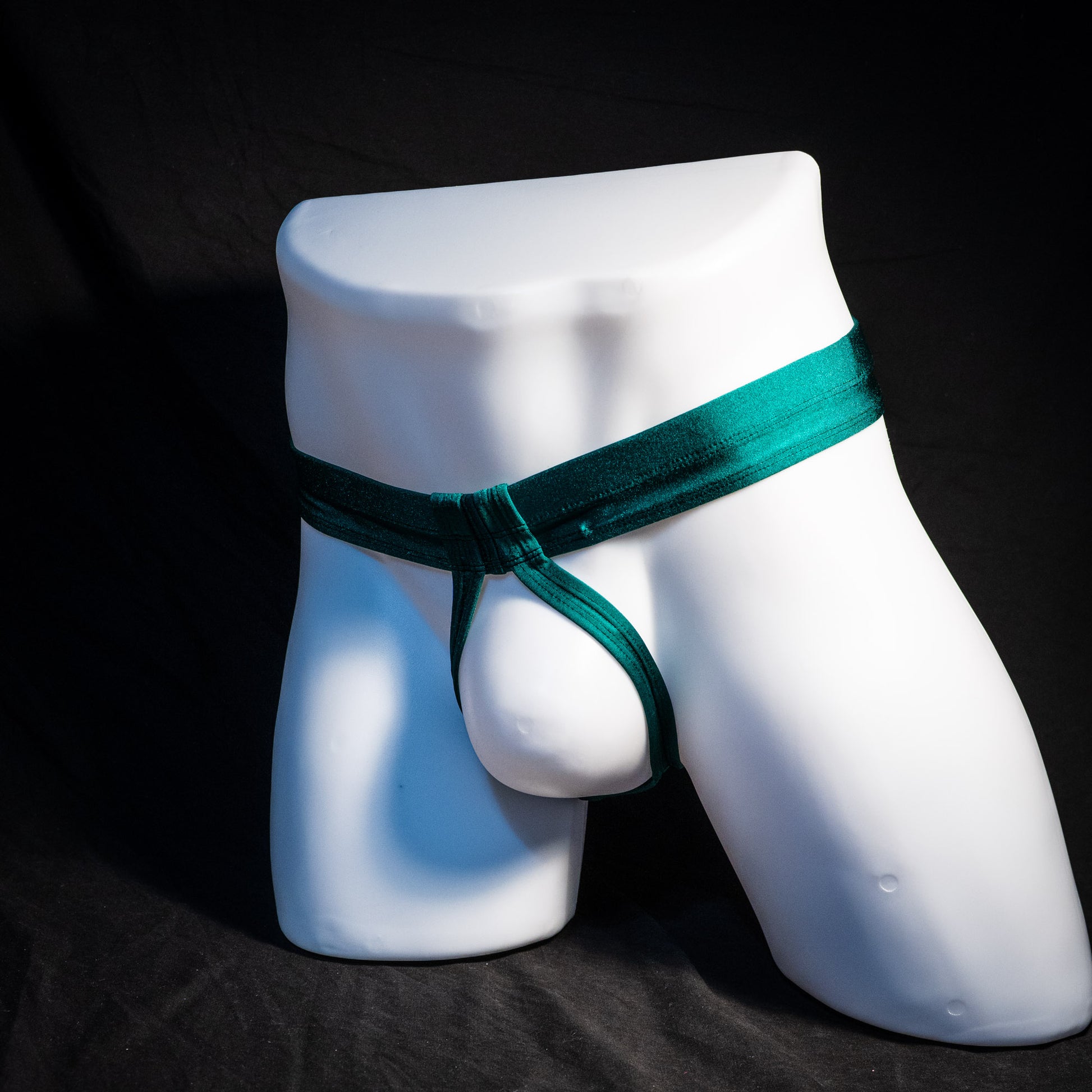 Men's pouchless forest green thong underwear, Full front angled view