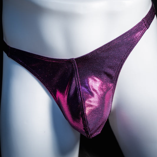 Men's fuchsia metallic thong underwear, classic cut, front view.