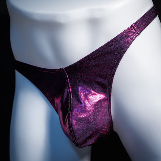 Men's fuchsia metallic thong underwear, classic cut, front view.